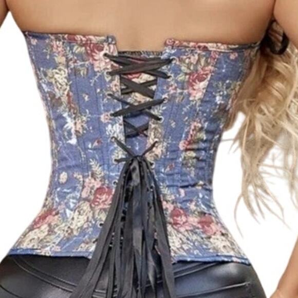 Alivila.Y Fashion Womens Vintage Floral Denim Overbust Corset Bustier Top XL - Picture 3 of 16